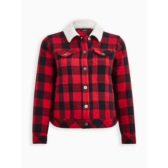 NWT Torrid Sherpa Lined Trucker Buffalo Plaid Jacket Red Plus Size 3 3X H12808 - Picture 3 of 14